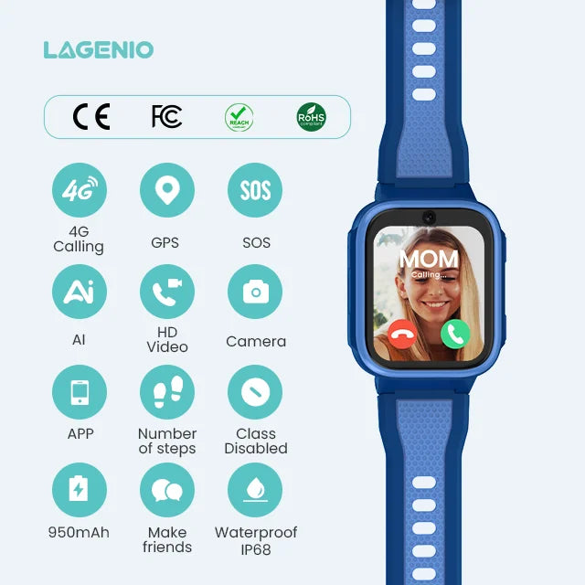 LAGENIO K10 AI Kids Smart Watch with Sim Card GPS LBS WIFI Video Call 950mAh Big Battery Sos IP68 4G GPS Smart Watch for Kids